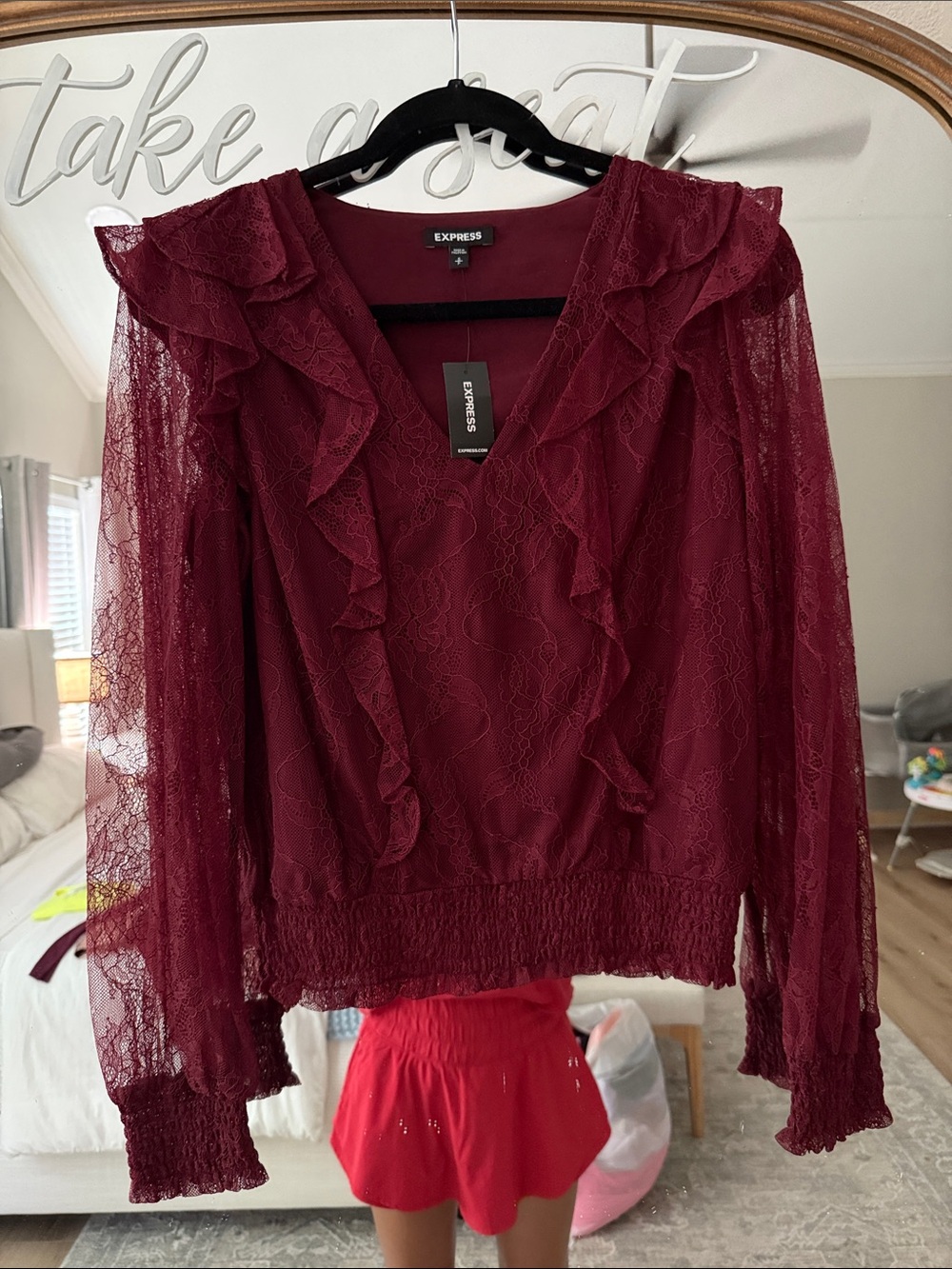 Express Burgundy Lace Ruffle V-Neck Blouse
